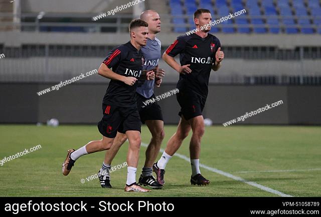 Belgium's Thorgan Hazard and Belgium's Jan Vertonghen pictured during a training session of the Belgian national soccer team the Red Devils