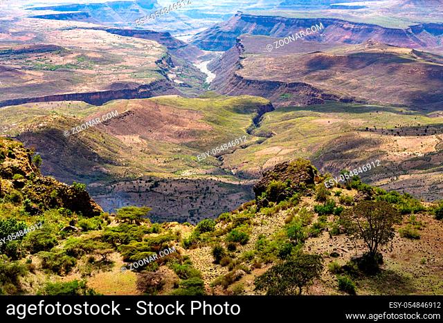 Beautiful mountain landscape with canyon and dry river bed, Somali Region. Ethiopia wilderness landscape, Africa