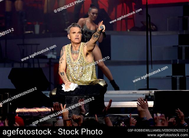 Bergen, Norway. 22nd, June 2023. The English singer, songwriter and musician Robbie Williams performs a live concert at Koengen in Bergen