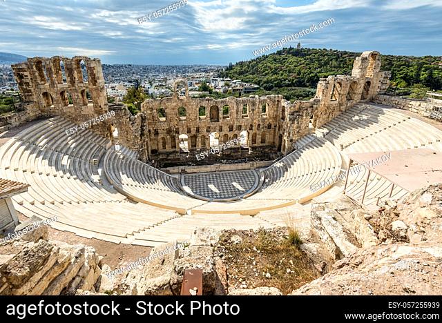 Athens, Greece - November 1, 2017: The Odeon of Herodes Atticus is a stone theatre structure located on the southwest slope of the Acropolis of Athens, Greece