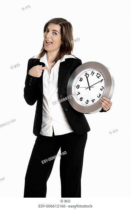 Happy business holding a clock isolated on white