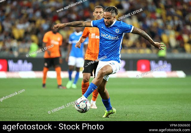Genk's Theo Bongonda pictured in action during a soccer match between Ukraine's Shakhtar Donetsk and Belgian KRC Genk, Tuesday 10 August 2021 in Kyev (Kiev)