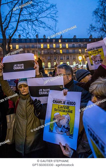 UNPROGRAMMED RALLY IN HOMAGE TO THE VICTIMS OF THE ATTACKS ON THE EDITORIAL OFFICES OF THE NEWSPAPER CHARLIE HEBDO THAT LEFT 12 DEAD, PLACE DE LA REPUBLIQUE