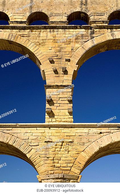 Pont du Gard. Close up detail of section of the three tiers of continuous arches of Roman aqueduct