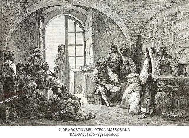 Guzla player in a workshop in Dubrovnik, Croatia, drawing by Diogenes Maillard (1840-1926) from a sketch by Yriarte, from Dalmatia, 1874