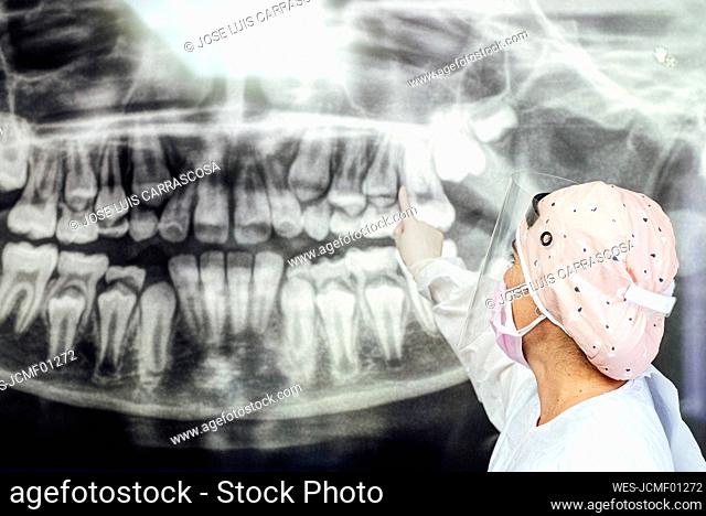 Dentist in protective workwear pointing at dental x-ray while standing in clinic