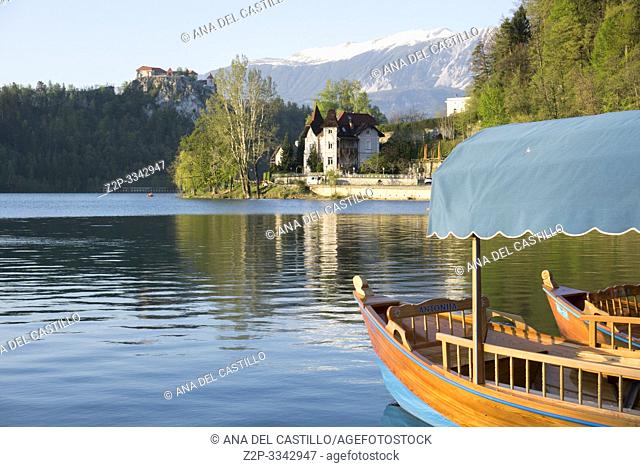BLED SLOVENIA ON APRIL 20, 2019: Traditional Pletna boat on the Bled lake. A boat that transports tourists to the island where the church Assumption of Maria is...