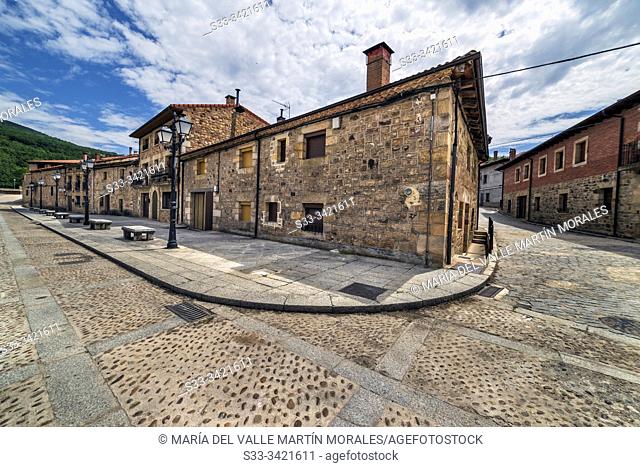 Street with lampposts in Molinos de Duero. Soria. Spain. Europe
