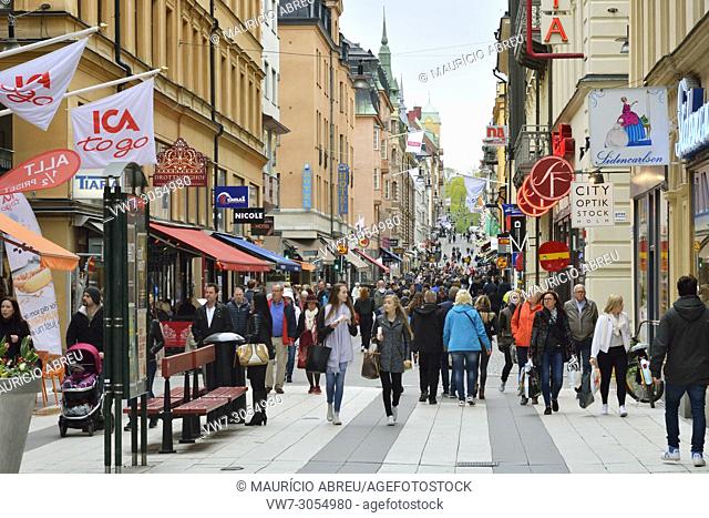 The pedestrian commercial street at the Hotorget quarter. Stockholm, Sweden