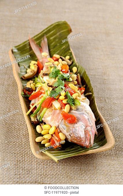 Oriental style gilthead sea bream with soya beans