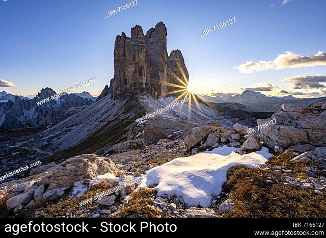 View from the Patternsattel to the Three Peaks, Sunset, Sexten Dolomites, South Tyrol, Trentino-Alto Adige, Italy, Europe