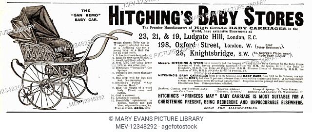 Advert for Hitching's Baby Stores, Ludgate Hill, Oxford Street and Knightsbridge, London, featuring the San Remo Baby Carriage