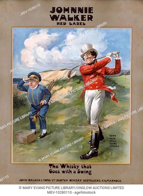 Poster advertising Johnnie Walker Red Label whisky. The whisky that goes with a swing. Born 1820, still going strong