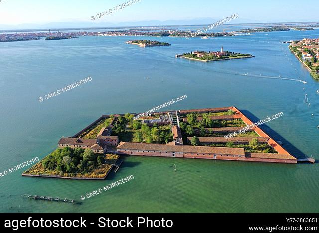 Aerial view of Lazzaretto Vecchio island, Venice Lagoon, Venice, Italy, Europe