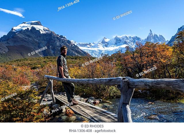 Tourist at El Chalten with Cerro Torre, El Chalten, Patagonia, Argentina, South America