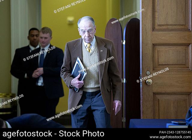 United States Senator Chuck Grassley (Republican of Iowa) prepares for the second day of opening statements in the impeachment trial of United States President...