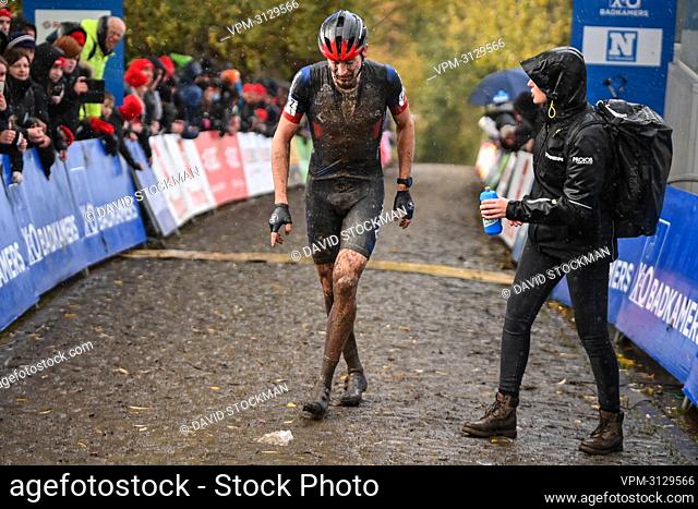 Belgian Toon Aerts crosses the finish line at the Koppenbergcross men elite race, first race of the X2O Badkamers 'Trofee Veldrijden' trophy (out of eight)