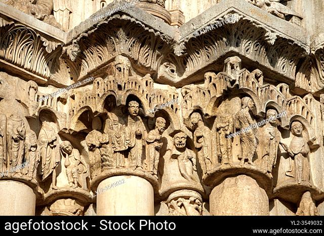 Gothic sculpted illustrated column capitals from the Cathedral of Chartres, France. . A UNESCO World Heritage Site.