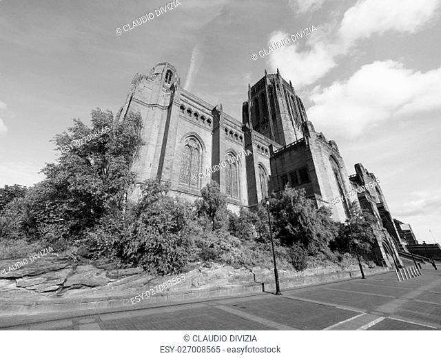 Liverpool Cathedral aka Cathedral Church of Christ or Cathedral Church of the Risen Christ on St James Mount in Liverpool, UK in black and white