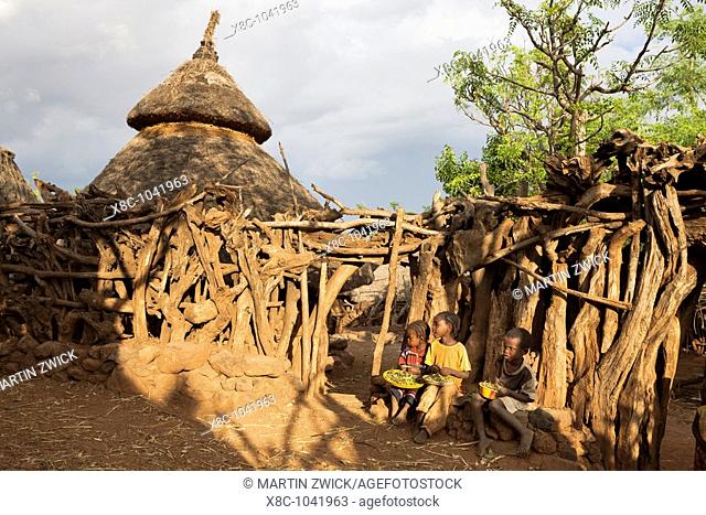 Traditional Konso village on a mountain ridge overlooking the rift valley The Konso are living in tradtional villages with compunds for each family  The...