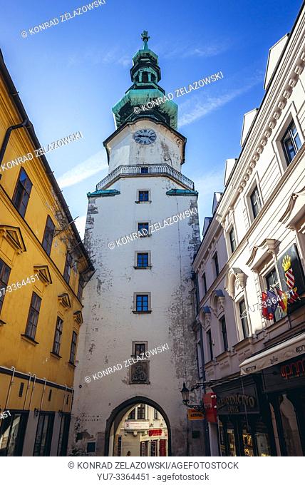 Tower of Michael's Gate, part of medieval fortifications on the Old Town in Bratislava, Slovakia