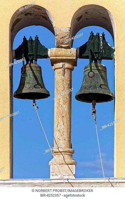 Bells in the bell tower, monastery of Panagia Theotokos tis Paleokastritsas or Panagia Theotokos, Paleokastritsa, Corfu, Ionian Islands, Greece