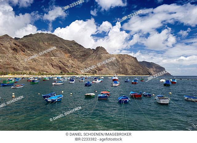 Colourful fishing boats and the Anaga Mountains, Playa de las Teresitas, San Andrés, Tenerife, Canary Islands, Spain, Europe