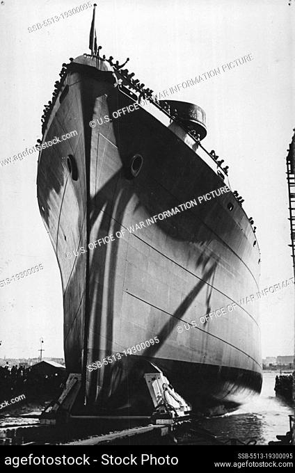 253 Ships Either Launched Or Begun In One Week As U.S. Celebrates Anniversary Of Liberty Ship -- A 10, 000 ton cargo carrier slides down the ways at a U