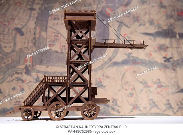 The model of a Chinese siege tower on a 1:72 scale is on display in the exhibition 'The City Wall of Nanjing - The Ming Emperors' Protective Wall' at...