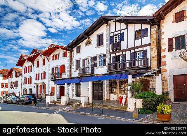 Street with historical houses in Ainhoa, Pyrenees-Atlantiques, France