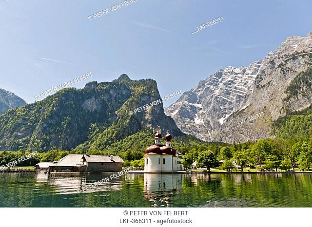 Pilgrimage church St. Bartholomew at the banks of lake Koenigssee, Bavaria, Germany, Europe