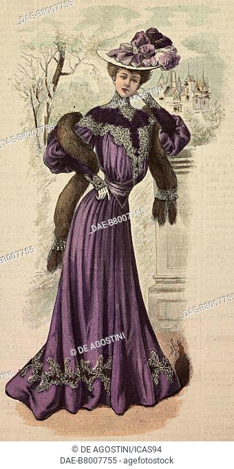 Woman wearing a light Drap city dress, with Guipure and velours lace inserts, a sable boa and a ostrich feather hat, creation by Madame Goery