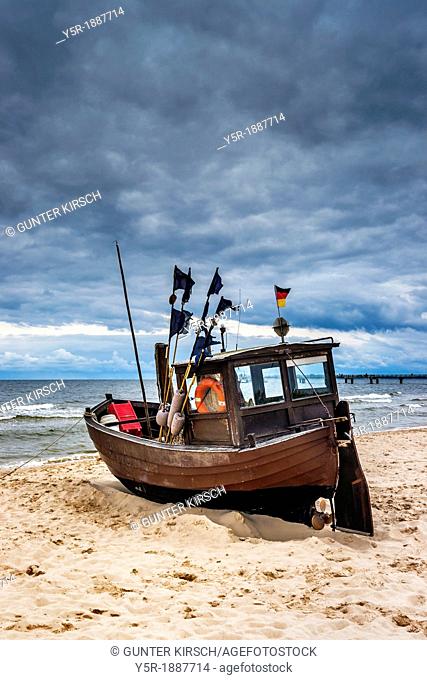 Fishing boat at the Baltic Sea near the pier of the Baltic Sea resort of Ahlbeck, Municipality of Heringsdorf, Usedom Island, County Vorpommern-Greifswald