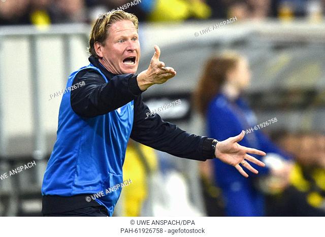 Hoffenheim's coach Markus Gisdol reacts during the Bundesliga soccer match 1899 Hoffenheim vs Borussia Dortmund in Sinsheim, Germany, 23 September 2015