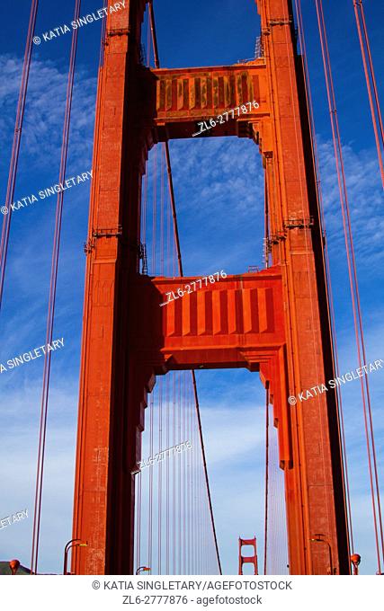 View of only a part of the Golden Gate Bridge, San Francisco during a blue sky and sunny day