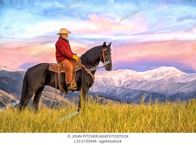 Oil painting of Montana cowboy at dawn