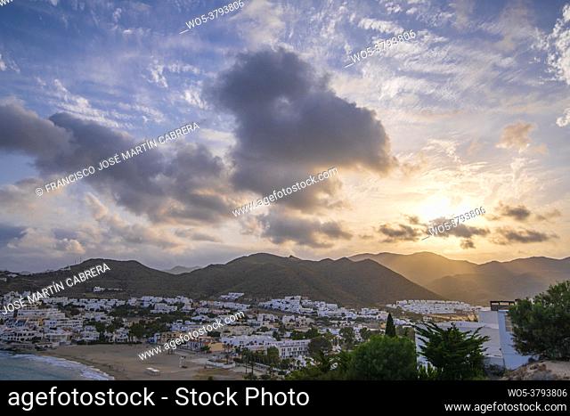San Jose, town of Almeria, Spain. Very touristic place. Under a spectacular sky at sunset