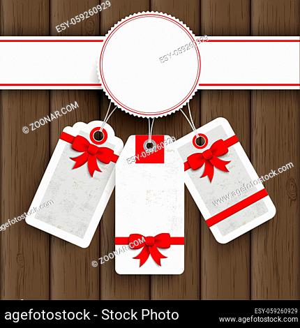 Christmas cover with white emblem and price stickers on the wooden background. Eps 10 vector file