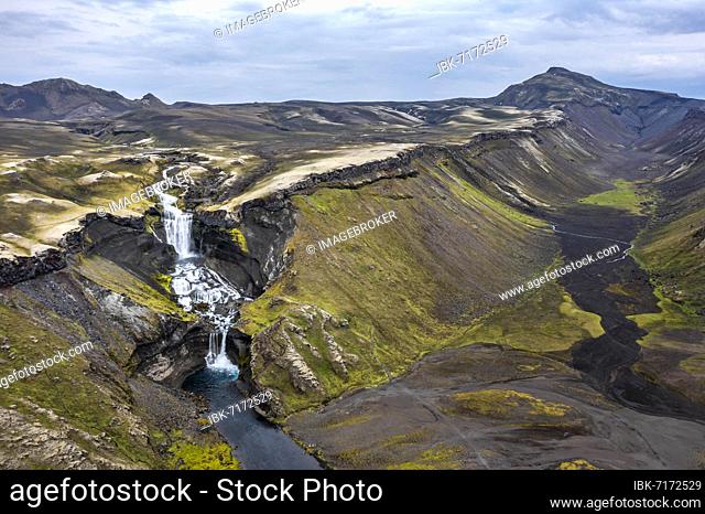 Aerial view, Ófærufossar, two waterfalls, Eldgjá fire gorge, Icelandic highlands, Iceland, Europe
