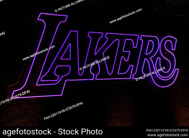 18 January 2023, US, Los Angeles: The lettering ""Lakers"" pictured from fluorescent tubes in the catacombs of the crypto.com arena in Los Angeles