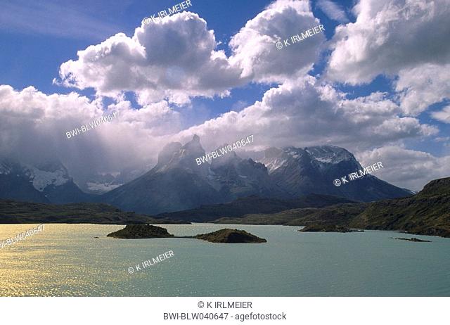 Cuernos del Paine, Horns of Paine with clouds, with Lake Pehoe in foreground, Chile, Patagonia, Torres del Paine National Park, Feb 05