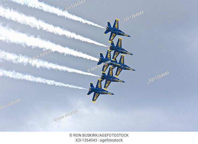 US Navy Flight Demonstration Squadron Blue Angels perform in air show at NAS Jacksonville, Florida