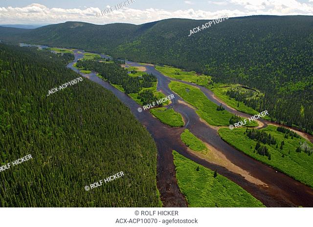 Aerial view of a River near Sandwich Bay enroute to the Mealy Mountains in Southern Labrador, Newfoundland & Labrador, Canada