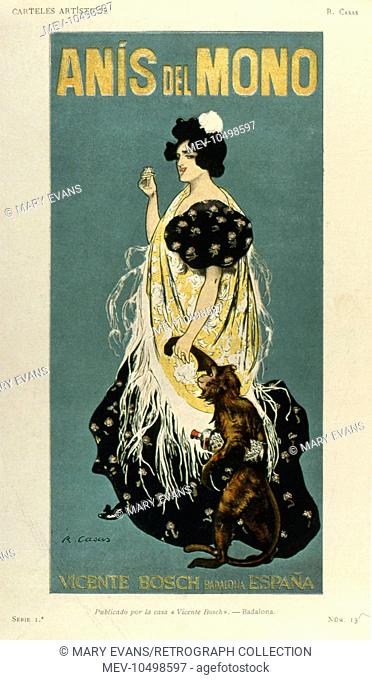 Poster design for Anis del Mono, an anise-flavoured liqueur marketed by Vicente Bosch of Badalona, Spain. Showing a woman and a monkey walking hand in hand --...