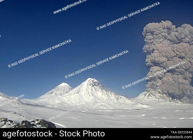 RUSSIA, KAMCHATKA REGION - APRIL 7, 2023: The Bezymianny volcano erupts on the Kamchatka Peninsula. The volcano became active on April 6 spewing ash as high as...