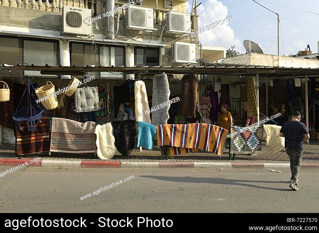 Shop with skins and blankets, Druze village Daliyat al-Karmel, Carmel Mountains, Israel, Asia