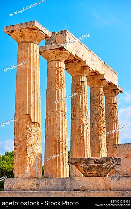 Ancient columns of temple of Aphaea in Aegina Island, Saronic Islands, Greece