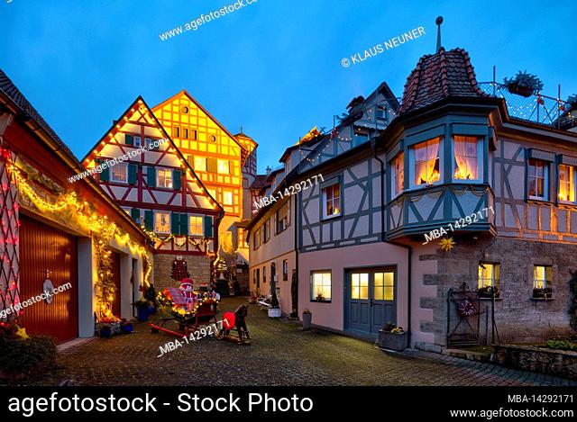 Romschlössle, half-timbered house, cultural center, blue hour, Advent, Christmas decoration, house facade, old town, Creglingen, Main-Tauber Kreis