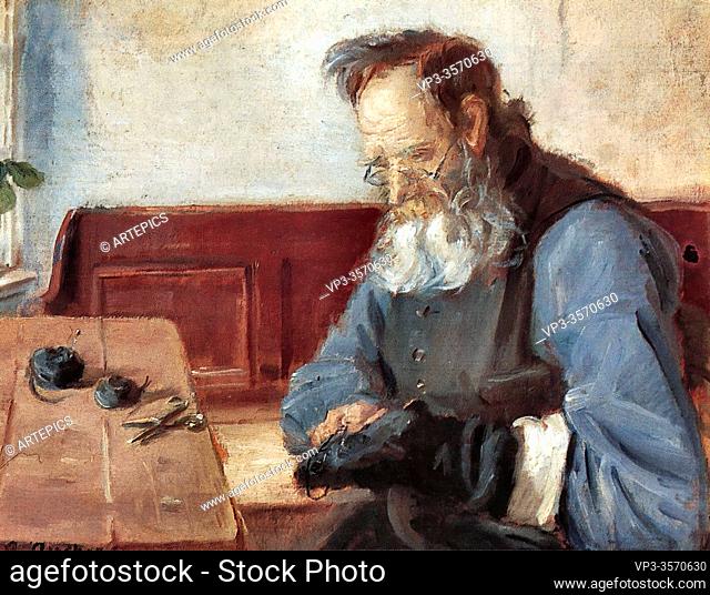 Ancher Anna - Interieur Mit Mann Strümpfe Stopfend - Danish School - 19th and Early 20th Century