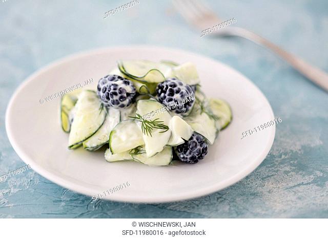 Cucumber salad with blackberries, yoghurt and dill